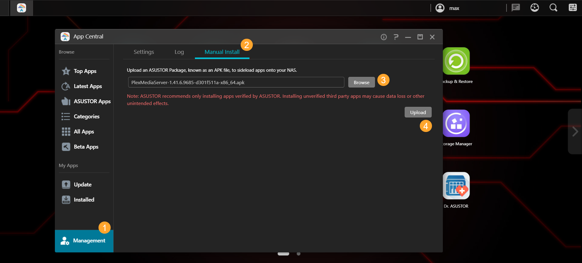 NAS-1746382125376.png|(1) Management > (2) Manual Install > (3) Browse to find .apk file > (4) Upload