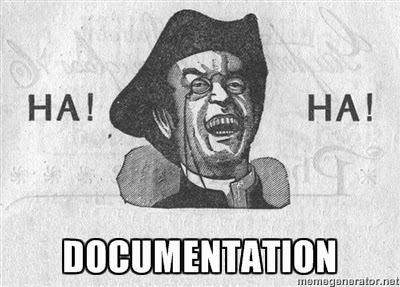 Meme of an 18th century looking drawing of a guy with the text HA HA DOCUMENTATION surrounding